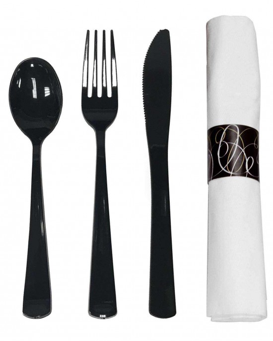 Custom OEM Black Ps Plastic fork and spoon knife disposable Individually Package napkin and cutlery set for restaurant