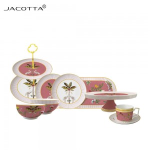 Porcelain Manufacturer Wholesale European Style Pink 15 PCS Fine Bone China Tea Set Ceramic