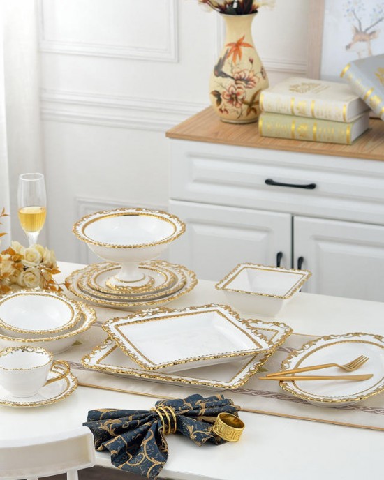 Entry-Luxury Gold European-Style Palace Ceramic Tableware Dinnerware Sets Rice Bowls Soup Bowls Fruit Bowls Afternoon Tea