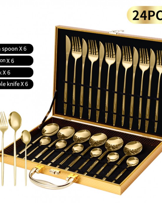 Hot Sale Wood Packing Box Fork Knife Spoon Black Gold Flatware 24pcs Stainless Steel Silverware Cutlery Set for Weeding Party