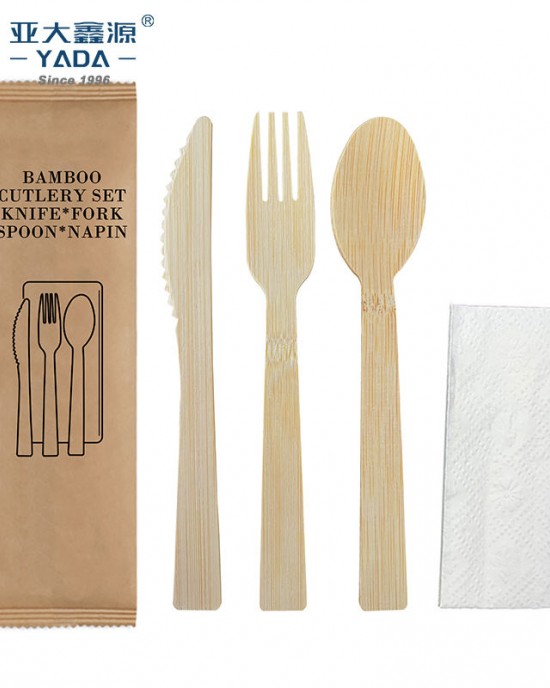 Yada Customized High Quality 170mm Bamboo Disposable Spoon Fork Knife Set Kraft Paper Bamboo Cutlery Set