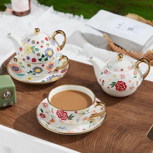 Porcelain Cup and Saucer Gift Ceramic Tea Set with Teapot for One Person Single Pot Tea for One