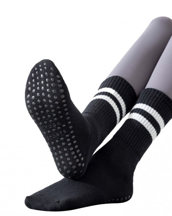 Women Sports Yoga Grip Pilates Crew Socks Custom logo Striped Cotton Solid Customized Women Pilates Crew Grip Socks