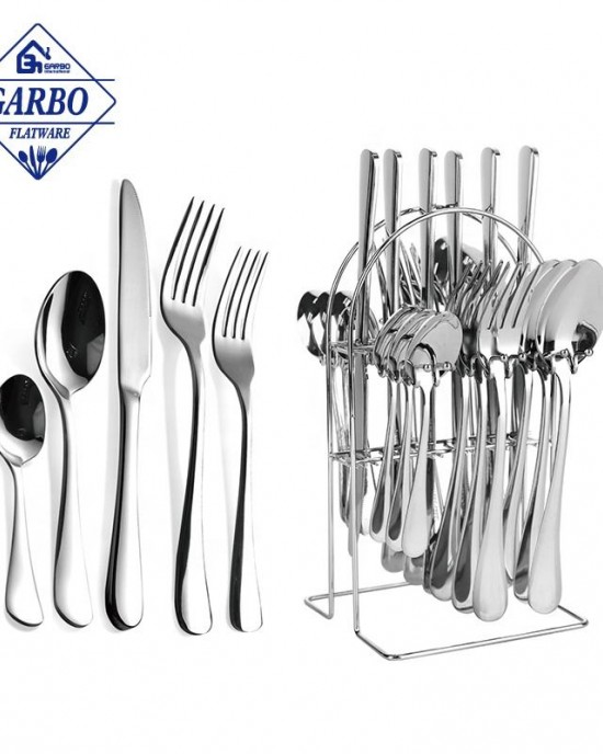 18/10 Silverware Set Sector Design Factory Cheap Stainless Steel 24 Pieces Flatware Set Durable Cutlery Knife Fork with Rack