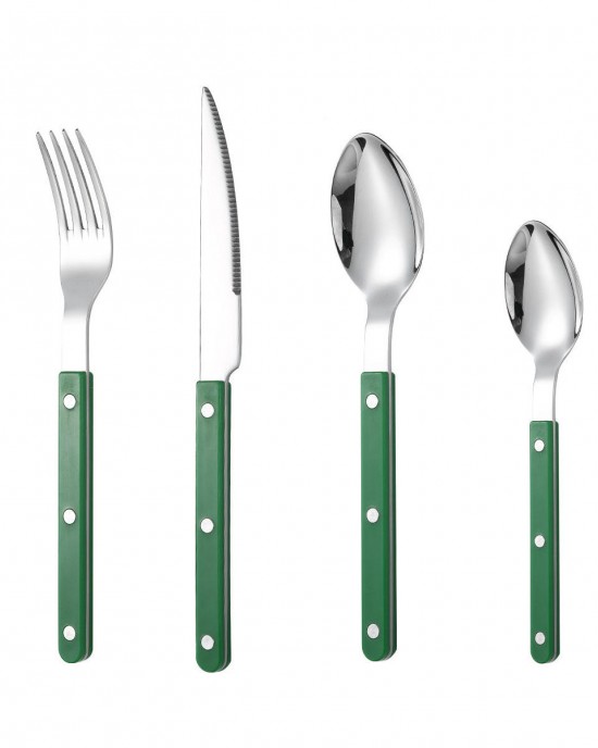 Rivet Handle Fork Spoon Knife Set Custom Stainless Steel Green Abs Plastic Handle Cutlery Set