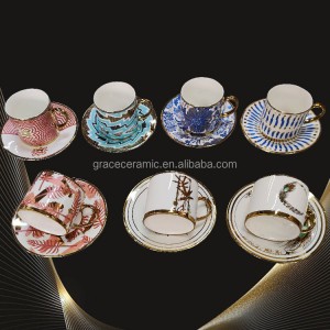 New Custom Luxury Arabic Porcelain Bone China Coffee Cups 90ml Gold Metal Turkish Arabic Small Coffee Cup And Saucer Set