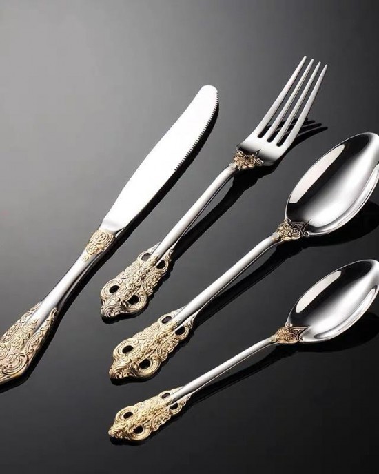 Luxury Stainless Steel Knife Fork Spoon Tableware Set Wedding Gold Silverware Palace Flatware