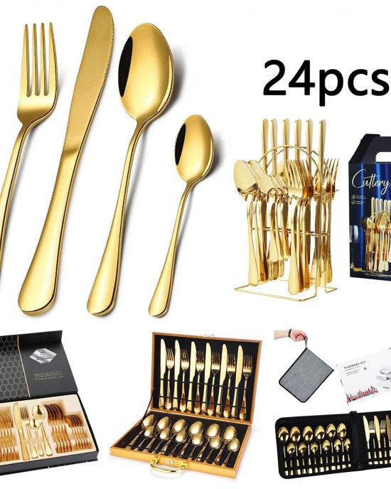 Luxury 24 Piece Home Flatware 1010 Gold Forks Spoons Knives Set 24 PCS Stainless Steel Cutlery with Box Case