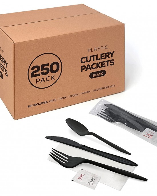 250 Plastic Cutlery Packets - Knife Fork Spoon Napkin Salt Pepper Sets, White Individually Wrapped Cutlery Kits