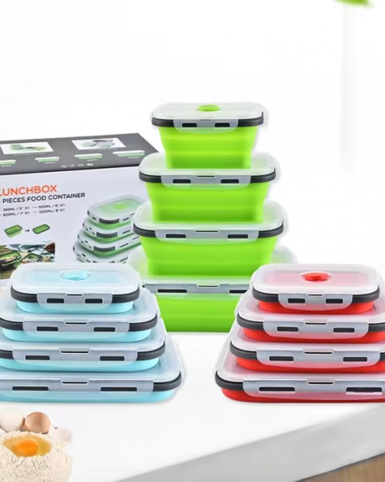 Custom Set of 4 Collapsible Food Storage Containers With Lids,Collapsible Bowls for Camping,Silicone Lunch Box Food Containers