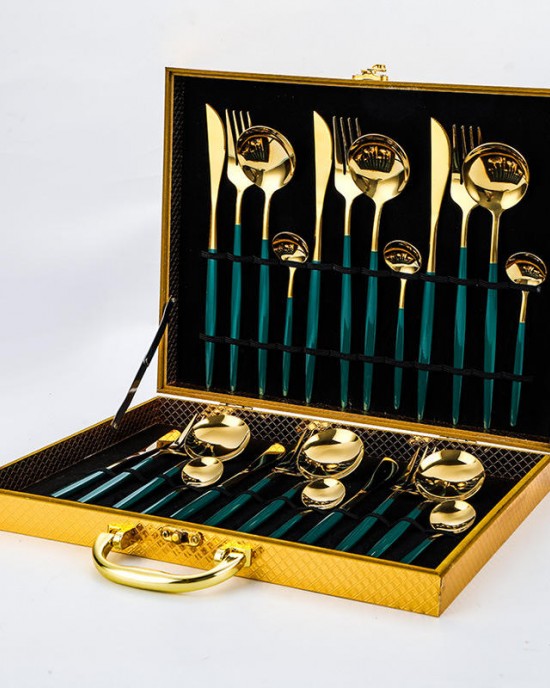 Utensil Fork Knife Spoon Black Gold Flatware Stainless Steel Cutlery 24pcs Set With Wooden Box