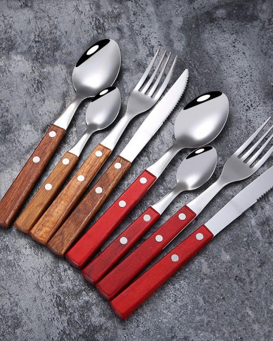 Wood Handle Silverware Set 18/8 (304) Stainless Steel Cutlery Set Forks Spoons and Knives Set