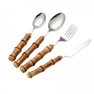 Reusable Natural Bamboo Handle Flatware Silverware Knife Fork Spoon 304 Stainless Steel Cutlery Set with Bamboo Handle