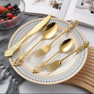 Hollow Relief Design Retro Royal Knife Spoon and Fork Stainless Steel Gold Flatware Vintage Cutlery Set for Wedding