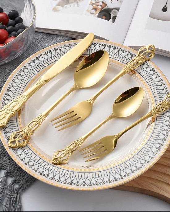 Hollow Relief Design Retro Royal Knife Spoon and Fork Stainless Steel Gold Flatware Vintage Cutlery Set for Wedding