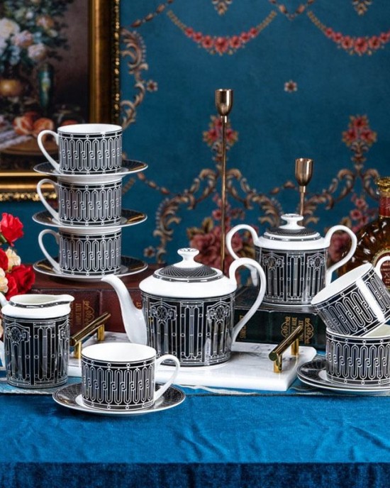 New Designs Luxury Black Stripes Deco Ceramic Coffee Tea Cup Set Fine Bone China Coffee Set