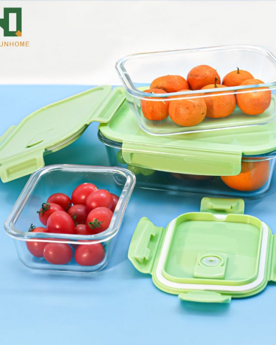 Large Capacity Fruit Vegetable Glass Lunch Bento Box Rectangle Food Storage Container With Airtight Lids