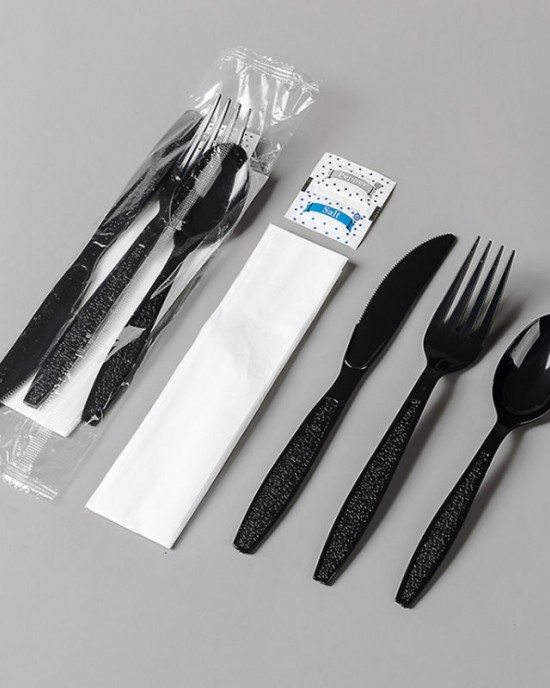 Black Heavy Duty Plastic Cutlery Set with Napkin Disposable PS Fork with Knife Spoon Set