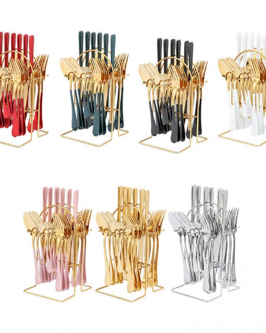 Factory wholesale Stainless Steel Knife Fork Spoon set 24pcs Gold Flatware Luxury Cutlery Set With Stand