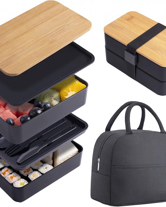 Japanese Bamboo Bento Box with Compartments and Utensils Stackable Bento Box with Bag