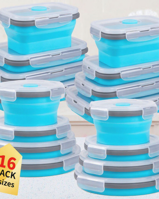 16-Pack Foldable Silicone Lunch Containers Collapsible Bowls Set Microwave Freezer Dishwasher Safe Blue Food Storage Box