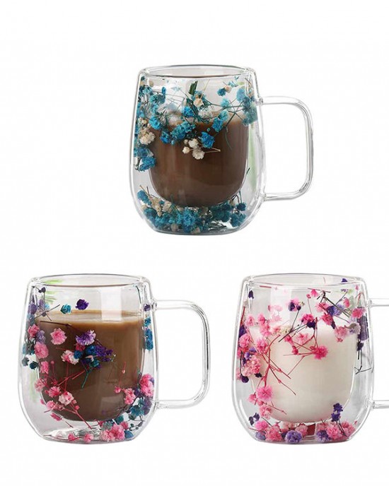 Double Walled Glass Mug Dried Flowers Coffee Mugs 350ml Aesthetic Thermal Insulated Tea Cups With Handle for Hot Cold Drinks