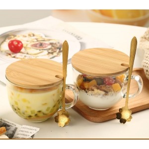 Glass Cup 16OZ Clear Coffee Mug With Bamboo Lids Spoon For Breakfast Tea Milk Beverage Oats Yoghurt