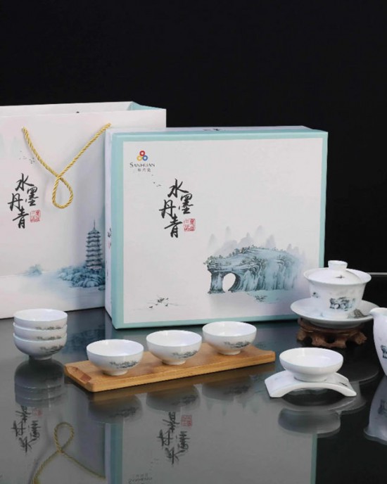 New Chinese Style 10 Piece Set of Water Ink and Green Three Talents Gaiwan Set for Kungfu Tea Ceramic Teacup Set