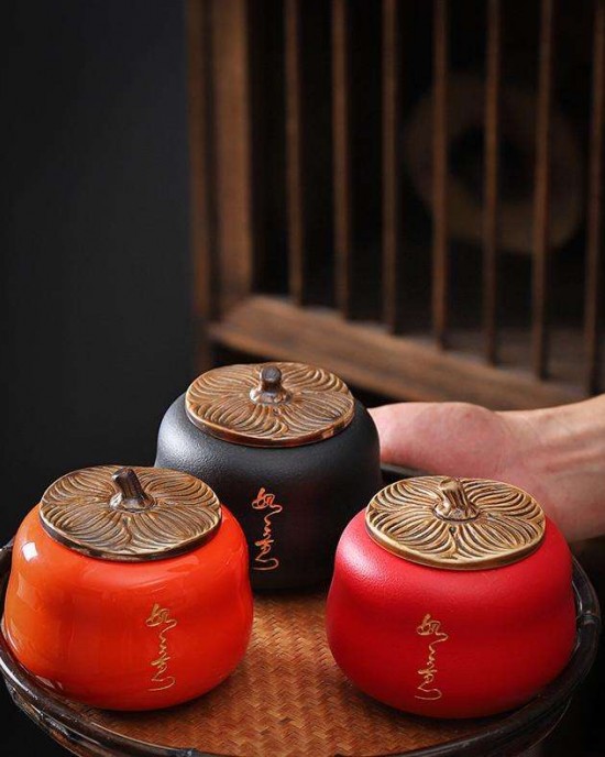 Persimmon Shape Factory Directly Fashionable Luxury Design Storage Jar Ceramic Trumpet Two Empty Cans Tea Pot Ceramic Set