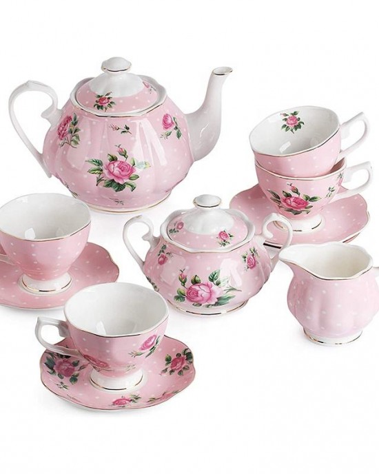 Floral Gold Pattern Banquet Eco-Friendly Fine Bone China 17pcs Coffee Tea Set for Cups and Saucer pink Color Shining Golden Line