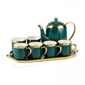 Royal Green Porcelain Coffee Tea Pot Six Cups Set European Luxury Ceramic Tea Sets Customized Logo Country Business Gifts