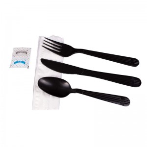 Heavy weight Take Away Travel Disposable Plastic Black Utensils Cutlery Set Spoon Fork Knife with napkin salt pepper