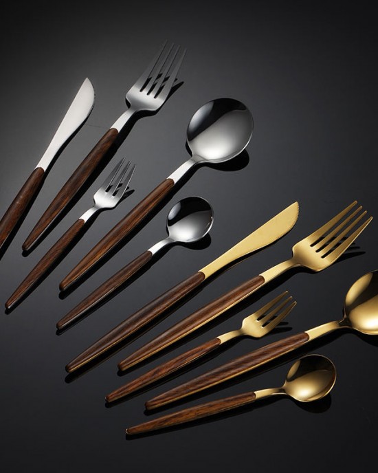 Luxury Portable Wood Handle Gold Silver Stainless Steel Tableware Flatware Silverware Fork Spoon Knife Cutlery Box Set