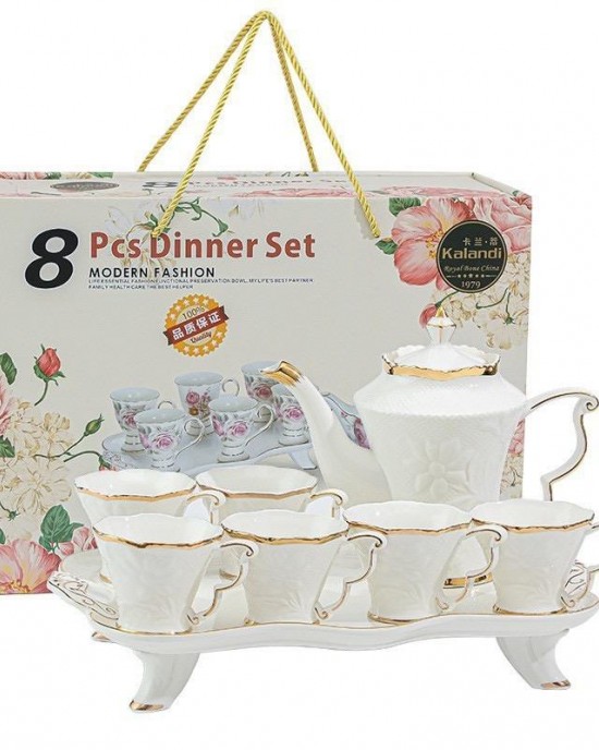 Luxury European Style White Color 8pcs Porcelain Coffee Tea Set With Gold Plated Ceramic Tea Pot and Cup Set