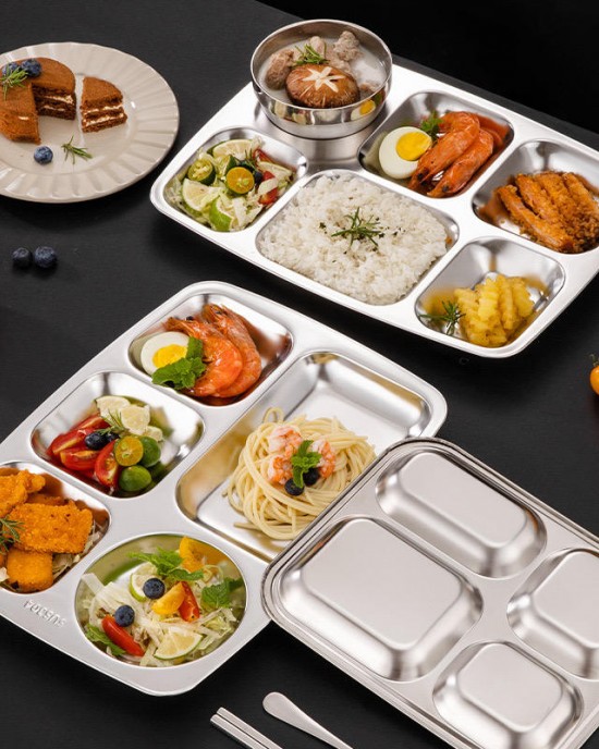 Factory Stainless steel 201 304 material 5 compartment divided fast food tray dinner plate bento lunch box with lid