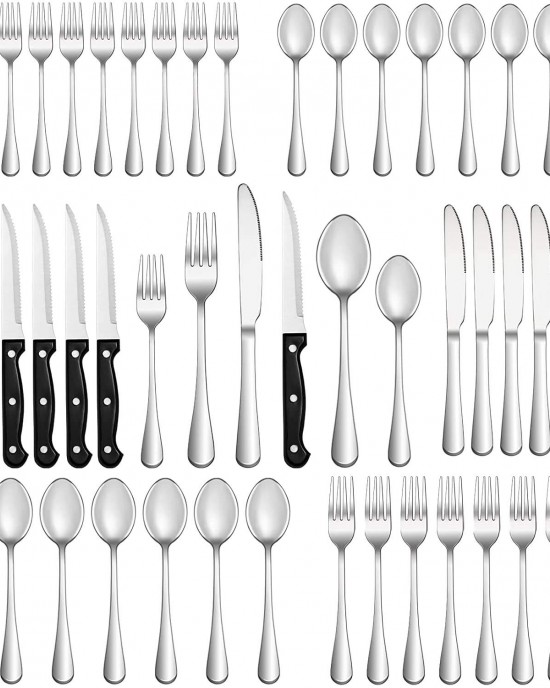 Black Flatware Set Stainless Steel Tableware Cutlery Set Black Silverware Set with Steak Knives