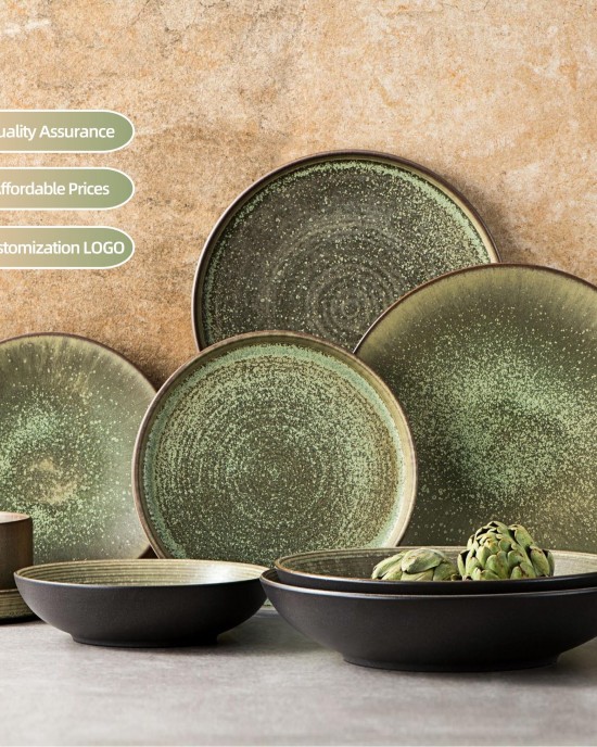 Cups Plates Sets Dinnerware Restaurant Rustic Style Vajillas De Porcelana Green Glazed Ceramic Dinner Plate Set Nordic