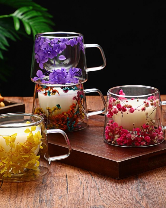 Cross-Border New High-Borosilicate Double-Layer Petal Flowing Sand Tea Cups Saucers Modern Coffee Glass Cup