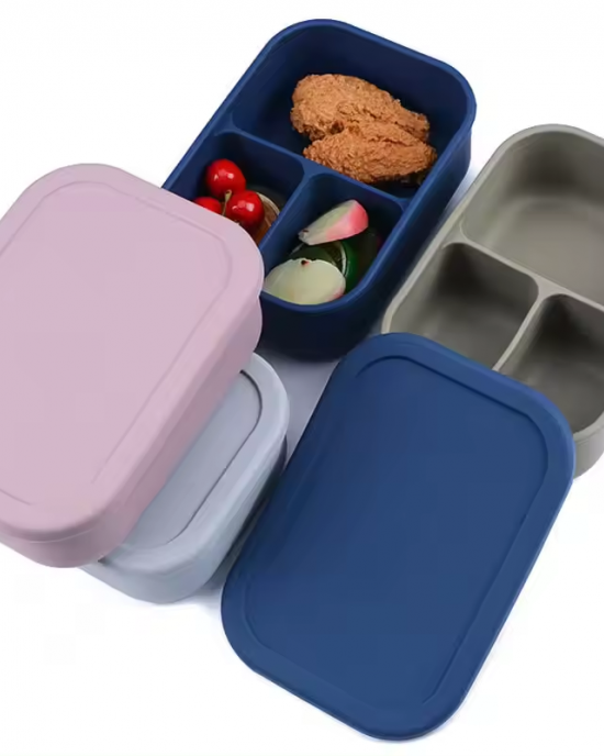 Custom 3 Compartments Silicone Snack Storage Box For School Non Spill Bento High-capacity Lunch Box With Lid