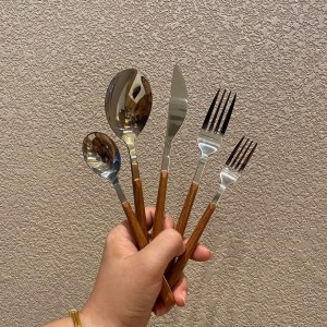 Shopee Japanese Korean Ins Dessert Tea Spoon Fork Knife Western Tableware Wood Grain Handle Stainless Steel Cutlery Set