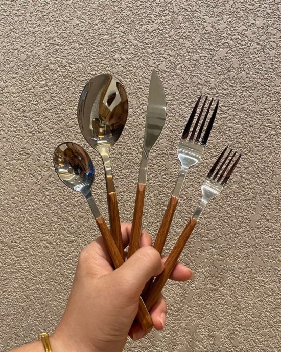 Shopee Japanese Korean Ins Dessert Tea Spoon Fork Knife Western Tableware Wood Grain Handle Stainless Steel Cutlery Set