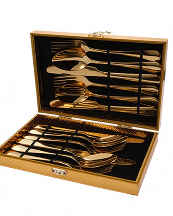 Stainless Steel Cutlery Metal Knife Fork and Spoon 12/16/24 PCs Gold Flatware Set with Case