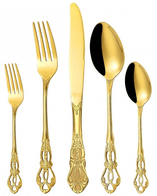 Wholesale High Quality Retro Silverware Golden Vintage Flatware Fork Knife Spoon Stainless Steel Gold Cutlery Set