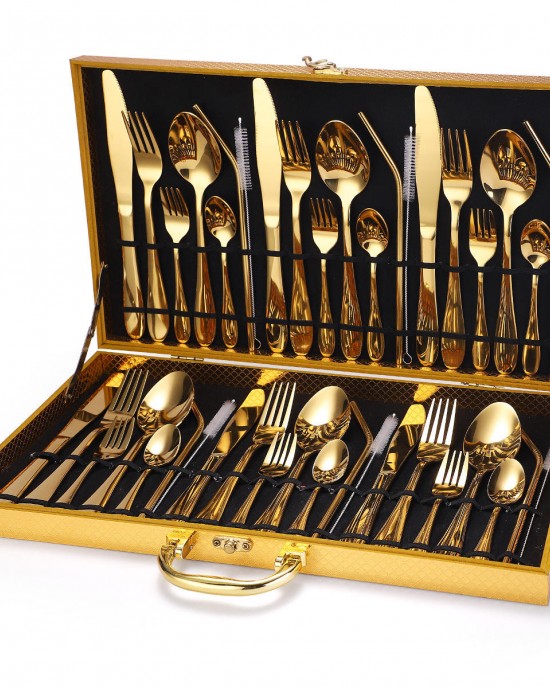 Stainless Steel Tableware Set 42pcs Household Product Knife, Fork, Spoon and Straw Cutlery Set Gift Box