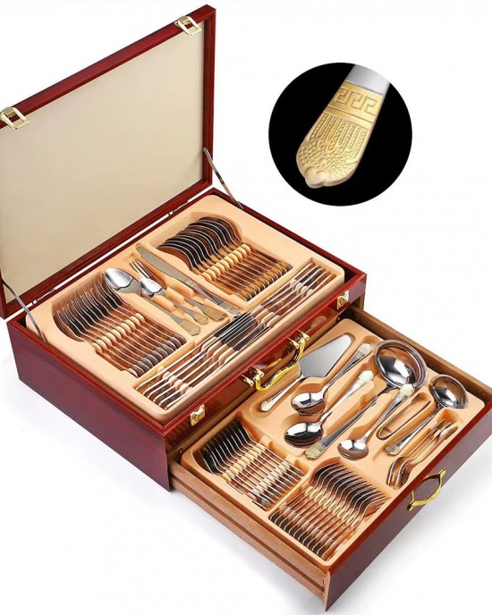 Factory Direct Sale Stainless Steel Cutley Set 72PCS Flatware With Wooden Box Wedding Gift Set 72 Knife Fork Spoon Tea Spoon Set