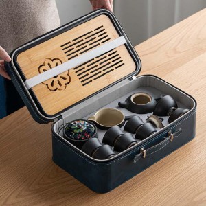 Portable All in One Gift Bag Outdoor Travel Ceramic Tea Set Porcelain Teapot with Bamboo Tea Tray