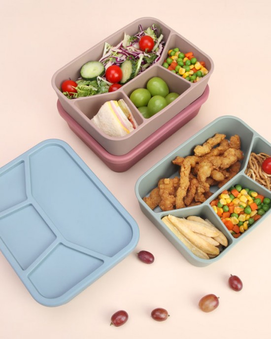 Microwave Safe Portable Leak Proof School Lunch Boxes Kids Reusable Silicone 4 Compartment Bento Lunch Box