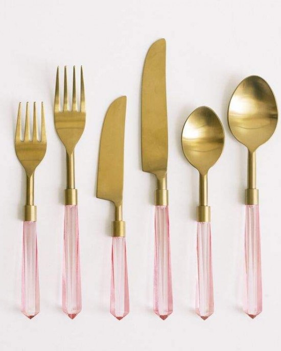 18/10 New Design 6 Pcs Gold PVD High Quality Stainless Steel Fork Knife and Spoon with Clear Plastic Handle Cutlery Set Wedding